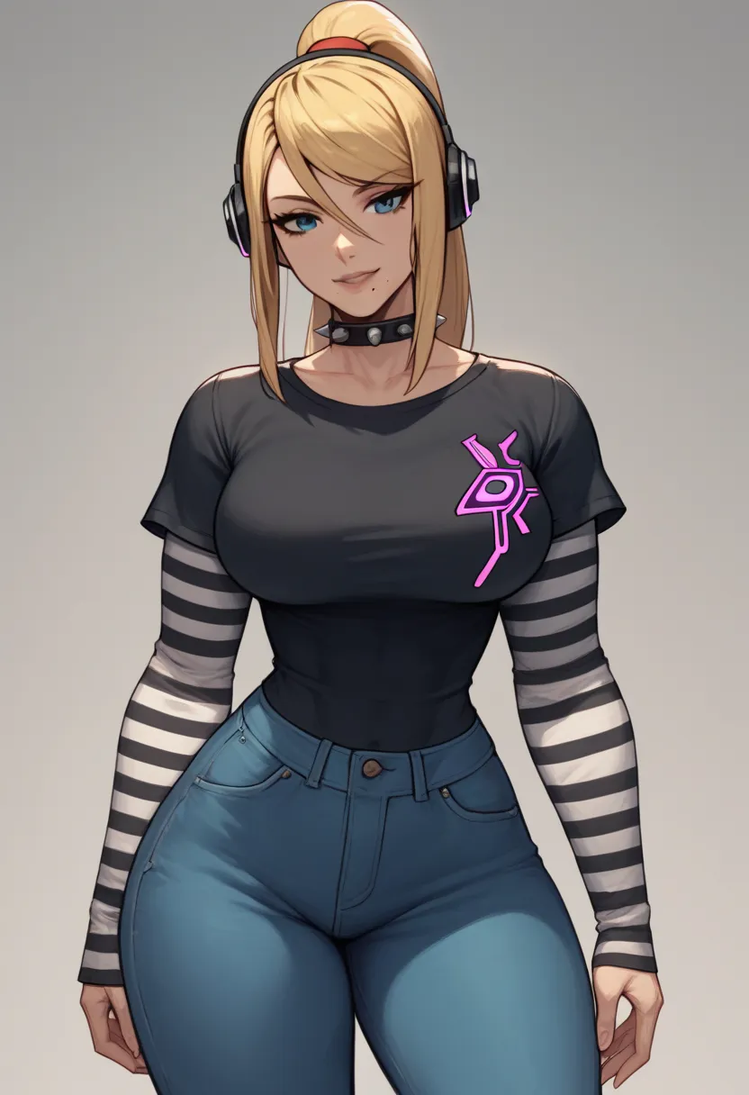 1 girl, solo, black short sleeve t-shirt, layered sleeves, white long sleeves, jeans, black t-shirt over white long sleeves, confident smile, large breasts, striped sleeves, black and white stripes, Samus, blonde hair, ponytail, blue eyes, spiked collar, h...