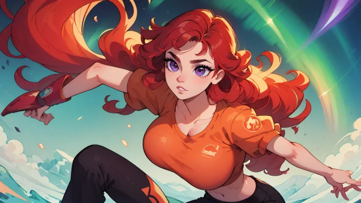 gamer style with a slender Caucasian girl with giant breasts, long wavy hair and red hair, with purple eyes with long eyelashes .  orange shirt ,  black pants, black boots. You are in sight of an aurora borealis.