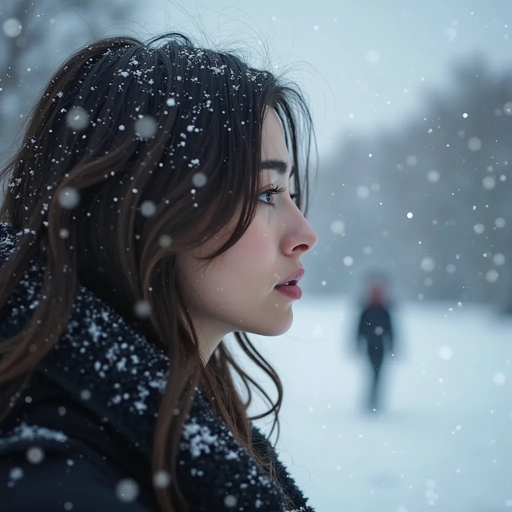 The profile of a beautiful dark-haired woman looking at the guy I just broke up with in the snowy ice field with white light、profile of a beautiful dark-haired French woman looking into the distance、Snow falling on her face、 looks sad、Bokeh、Highest Image