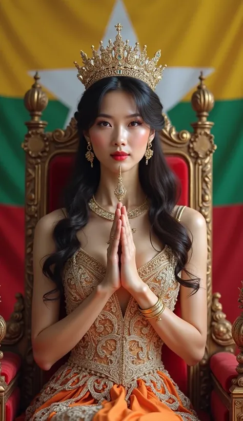 Young and beautiful Duke of Myanmar。Beautiful woman。whole body。Sit on a throne、Wearing the crown、Holding a scepter and a jewel。Myanmar flag in the background