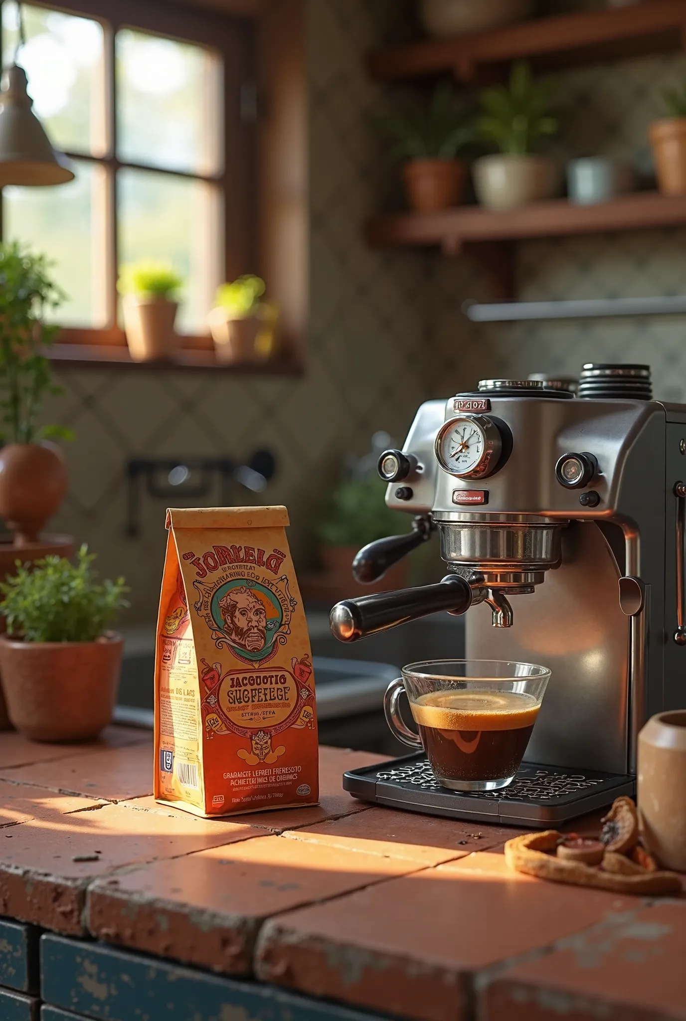 A coffee packet next to an espresso maker making coffee in a Brazilian farm kitchen