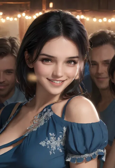 Black Haired Smiling Girl,delicate face,and stare at the audience, masterpiece,(TOP QUALITY,4K,8k,high resolution,超high resolution,realistic,photorealistic:1.37),Disney Style Doodle, Best Shadow,Best lighting, cinematic light , white skin tone