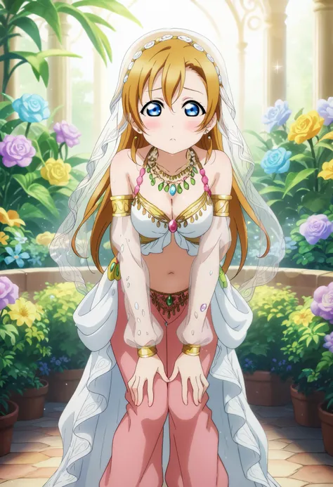 (Masterpiece, Best Quality, High Quality), anime style, love live, kousaka honoka, id_honoka_kosaka, blue eyes, brown hair, 8k wallpaper, looking at viewer, earrings, (blush:1.2), (Elegant Arabian dancer outfit), loose baggy harem pants with layered sheer ...