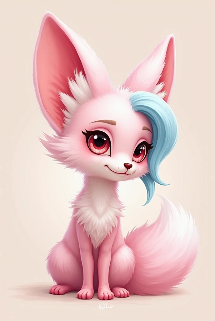 A pink anthropomorphic furry femboy fennec with light blue hair hair hanging to the side