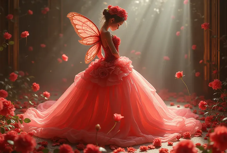 ((top quality))、(( masterpiece))、(( full body photo of anthropomorphic))、((very simple backfloor))、 anthropomorphic fairy roses 、(Rose merges with the body )、luminous body, ornaments with rose motifs 、floor、 fighting position.