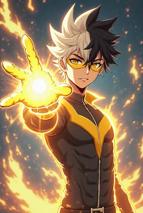 Create an anime boy with a half yellow and half white mask that has the superpowers of light