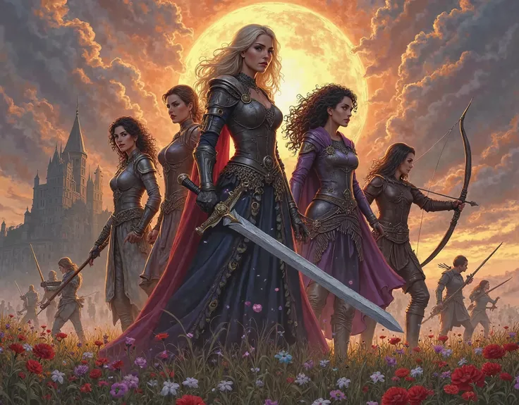 Create an epic and powerful illustration in the style of fantastic medieval art, highlighting a diverse group of female heroes in the foreground,  ready for battle .  In the center of the image , a young noblewoman with long hair and elegant dress (Lord El...