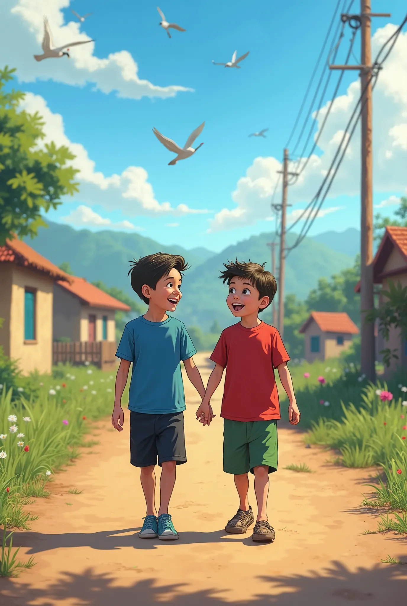 A slow panning shot of a vibrant rural village. The camera moves along a dirt road, following two young boys—Character 1 in a blue t-shirt and black shorts, and Character 2 in a red t-shirt and green shorts—as they walk side by side. Their laughter and con...