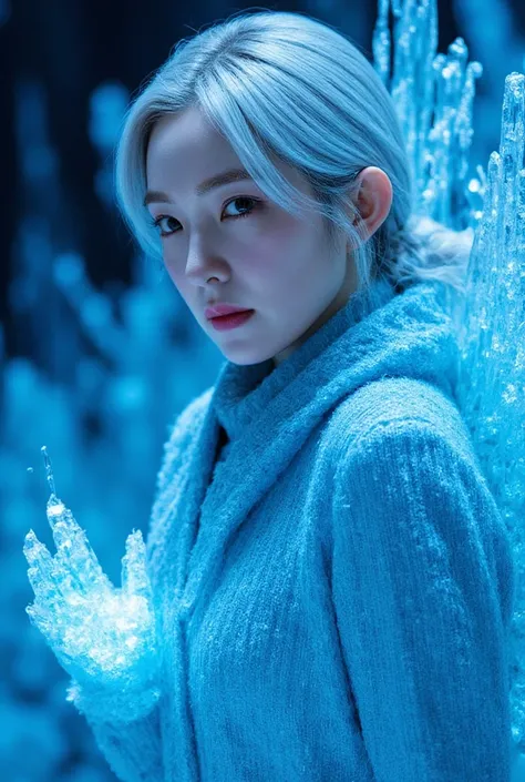 imperial water，A magician，glowing silver hair ,blue eyes,wearing magical  dress,wearing Blue Silk Robe，Mysterious magical formations， blue glitter，huge magical ice wings.Powerful glowing brightly Ice Magic on her hand，powerful ice aura coming from her,  sn...