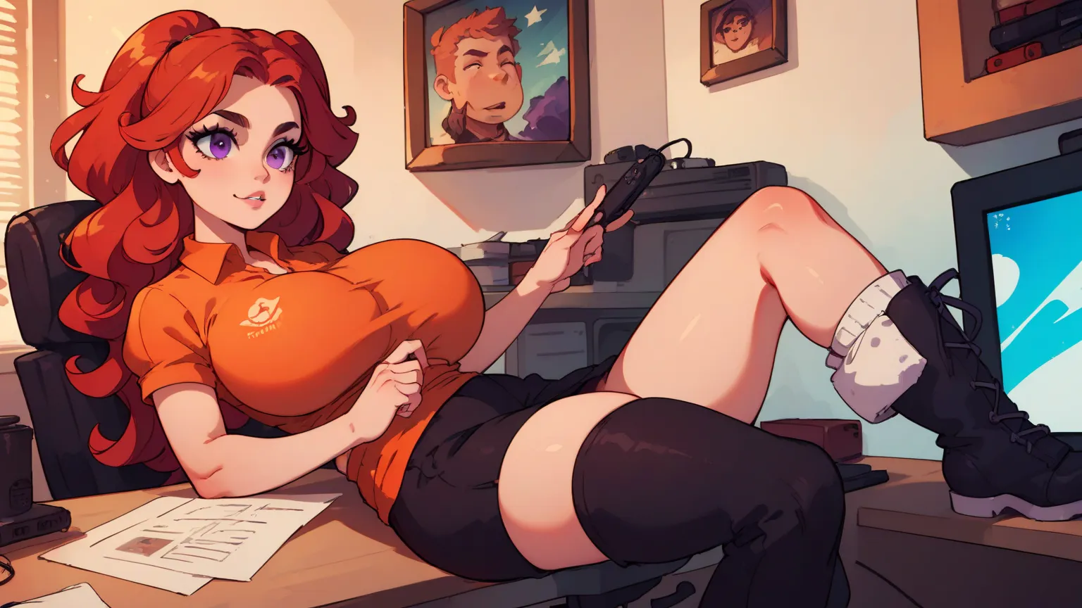 gamer style with a slender Caucasian girl with giant breasts, long wavy hair and red hair, with purple eyes with long eyelashes .  orange shirt ,  black pants, black boots . He's at his desk, on his PC, and he controls video games in his hands..