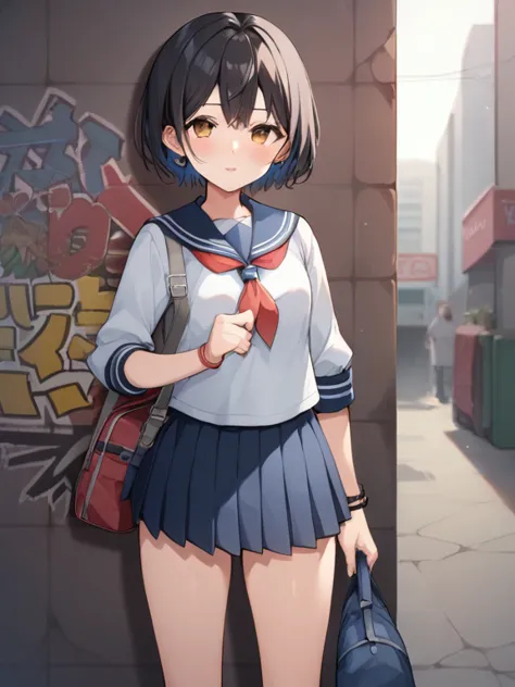  score_9,  score_8_ up,  score_7_ up, nsfw，TOP QUALITY，masterpiece，Anime for girls ,  alone,   sexy，YOUNG GIRL， Low，slutty,   grins , Shut up,  brown eyes,    black hair,   straight hair，short bob，split bang， navy blue long sleeve sailor suit to carry stud...