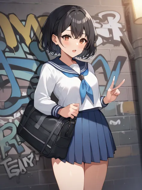  score_9,  score_8_ up,  score_7_ up, nsfw，TOP QUALITY，masterpiece，Anime for girls ,  alone,   sexy，YOUNG GIRL， Low，slutty,   grins , Shut up,  brown eyes,    black hair,   straight hair，short bob，split bang， navy blue long sleeve sailor suit to carry stud...