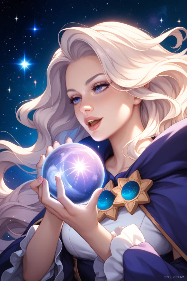 Zero-gravity chamber filled with a dazzling array of stars, planets, and galaxies. Amidst this celestial wonderland, a lone figure floats - the Starlight Seraphim. Her skin shines like polished marble, reflecting the gentle light of nearby stars. Feathers ...