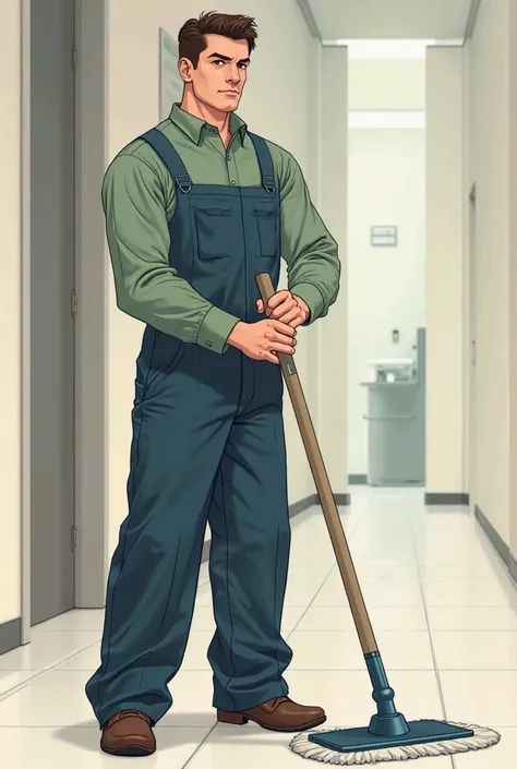 AN ILLUSTRATION OF A MAN IN UNIFORM WEARING WIDE NAVY BLUE PANTS, long green shirt , HOLDING A MOP 