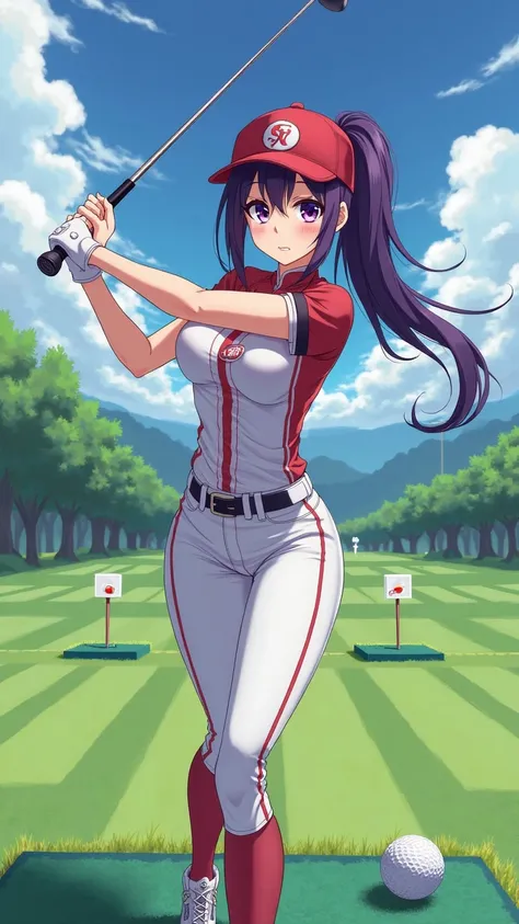 Japanese anime style、 High School Girl 、baseball tight uniform、  Baseball Cap  、Dark Purple Long Hair、single ponytail、  purple pupil、skirt、 Chest plump、driving range