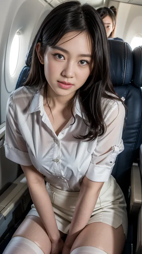 (  Top Quality ,  masterpiece, 16k,   Super Detail ,   beautiful skin,    professional lighting  )    girls on the left  ,、｛(    stewardess uniform  , wearing a white dress shirt ,   red ribbon、  open shirt、  navy blue pencil skirt   、  face up)}、(    on t...