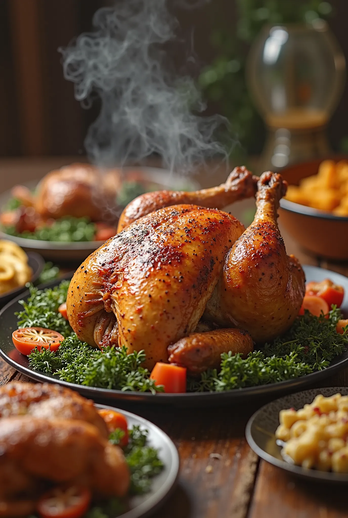 a hyper realistic close-up of a wonderful dining table with a variety of delicious meals, the highlight of the dining table is a succulent roast chicken that sits in the middle of the meals giving the table an eye-catching highlight, the golden chicken wit...