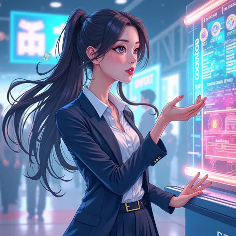 "A vibrant and professional anime-style album cover design featuring a beautiful Taiwanese woman at a business exhibition. The woman is depicted in a sleek, professional outfit, exuding confidence and elegance, with a strong, anime-inspired pose. She is pr...