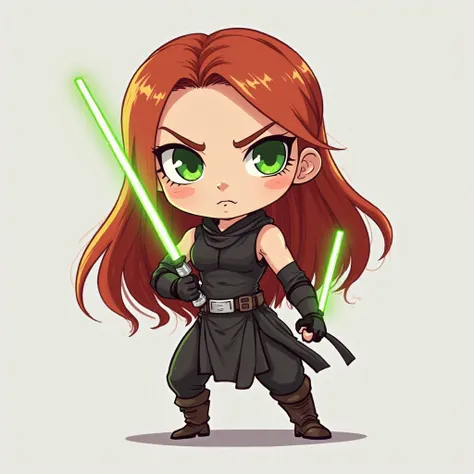 Full-body, Chibi-style illustration of a red-haired Jedi woman with long hair expressive green eyes, serious expression sleeveless Jedi costumes, black and fitted, with combat gloves Wielding green light sabre commanding heroic dynamic combat pose Gray bac...