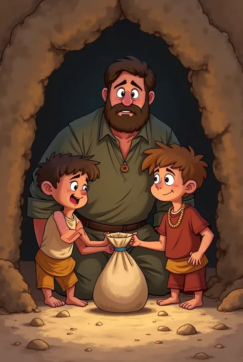 **A humble family gathering around the father** inside their mud house, with the youngest son holding the sack full of dirt proudly. The father looks on in awe, his other sons showing signs of wonder and admiration.(Cartoon characters)