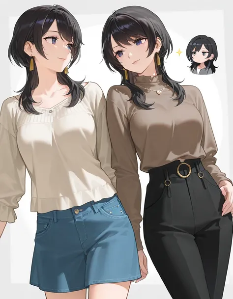 ((3 adult girls)), different characters, anime characters, (cowboy shot character design),  pose, looking at another, casual outfit,
multiple views,