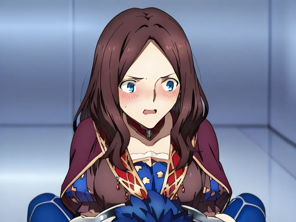 Cu_Chulainn(fate), blue_hair, red_eyes, Leonardo_da_vinci(Fate), Brown_hair, Blue_eyes, 1boy, 1girl, sitting_on_person, blush, open_mouth, nervous