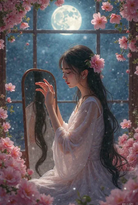 A lady who is Sakura trying to combing her hear in front of mirror, from the window side weather is dark and moon is so big to see, room has a lots of things like flowers and many more 