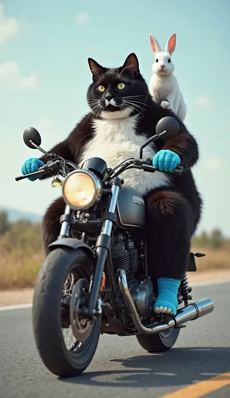 "A 10-foot tall black and white cat with a chubby body, wearing blue gloves on its paws and blue socks on its feet, sitting on a heavy motorcycle and driving it. On the cat's shoulder, there is a 4-foot tall white rabbit sitting upright, watching straight ...