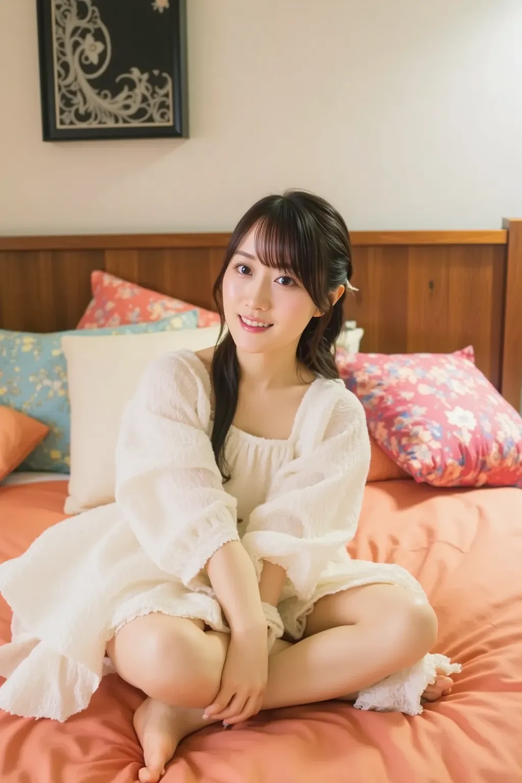 "Adorable Japanese woman sitting cross-legged in bed, wearing an off-the-shoulder top. She's relaxed 、Looks comfy. Background、shows a warm bedroom with soft lighting, bed with brightly colored bedding, and、Some decorative pillows.  the atmosphere is calm a...