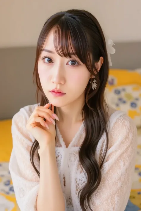 "Adorable Japanese woman sitting cross-legged in bed, wearing an off-the-shoulder top. She's relaxed 、Looks comfy. Background、shows a warm bedroom with soft lighting, bed with brightly colored bedding, and、Some decorative pillows.  the atmosphere is calm a...