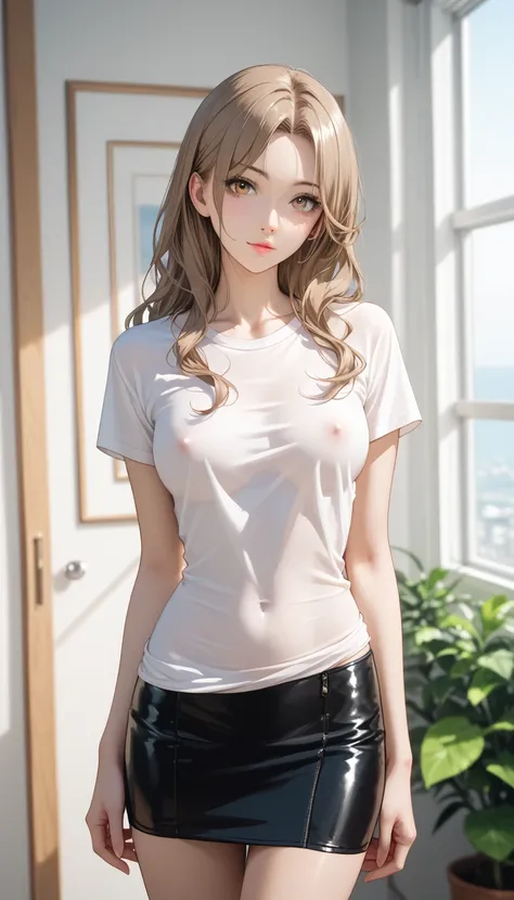 best quality, absurdres, わきDownを見せない, Down, no background, becomes transparent when you stare at it {x}, PE, front view, cowboy shot, perfect and beautiful face, Beautiful breasts,  Read more, slim, lightbrown long hair, parted bangs, white無地のt-shirt, blac...