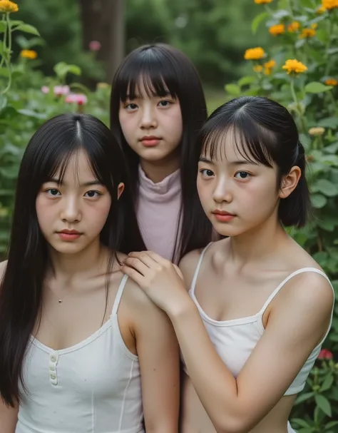 (2girl, age 13, naked:2.1),three beautifully blossoming shy curious innocent girls with thin bodies, very young faces,  standing in a garden, viewed from above, closeup