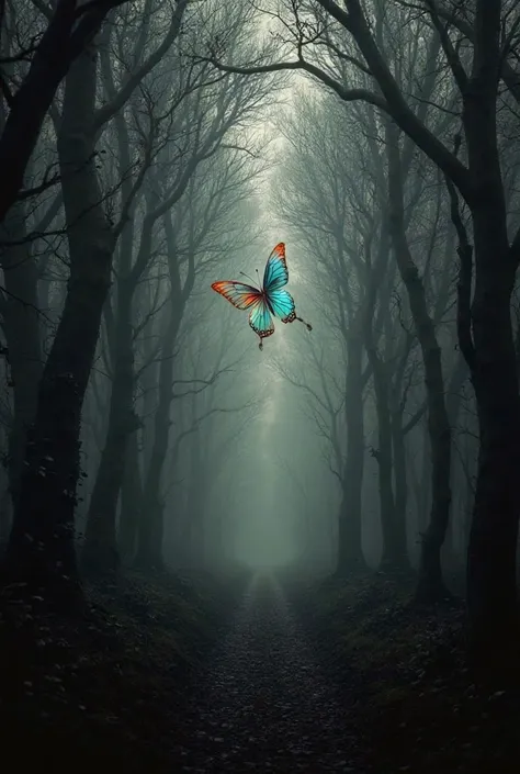 **Summary of the prompt:**  
Cover with a dense forest in black and white, with a dark atmosphere ( twisted trees , dramatic haze and chiaroscuro).  on the east side , a small butterfly with vibrant wings ( sapphire blue , emerald green and orange) fly sol...