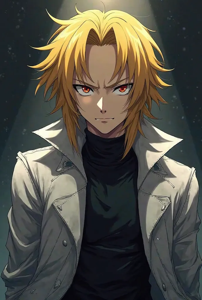 In lovely post,Edward Elric anime character,stand,dim yellow in colour hair, angry eyes, white and black colour cloth,body cover with clothes,