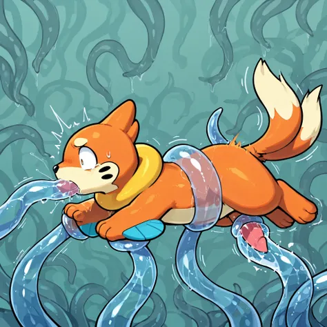 4k ultra quality, 4k full body view,masterpiece quality, thick large blue tentacles, small feral buizel, transparent tentacles, sucking penis, absorbing penis, pain, motion blur, motion line, water background