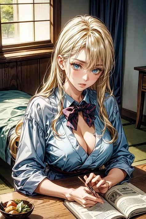  Japanese、 model、Blonde long hair、white shirt school uniform、 bow tie、cleavage、Holiday House、Japanese-style room、relaxing on Lo-Fi