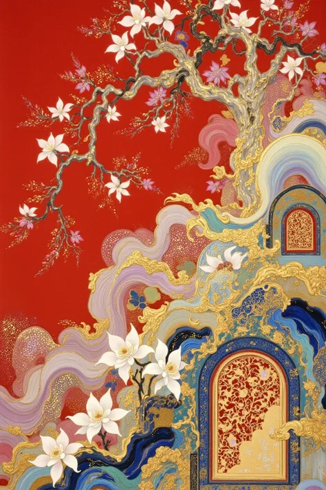 There's a red door，There are windows and a tree, This is an ultra-detailed painting inspired by Yun Shouhei, trending on pixabay, Cloisonnism,  Chinese Style,  Oriental Wallpaper , with ancient Chinese aesthetics, Qing Dynasty,  traditional Chinese , Chine...