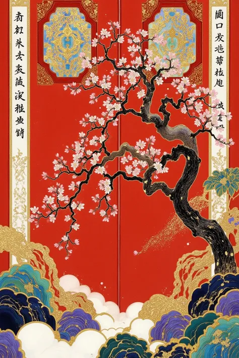 There's a red door，There are windows and a tree, This is an ultra-detailed painting inspired by Yun Shouhei, trending on pixabay, Cloisonnism,  Chinese Style,  Oriental Wallpaper , with ancient Chinese aesthetics, Qing Dynasty,  traditional Chinese , Chine...