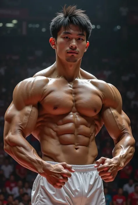 Asian,handsome,Japanese younger sporty handsome face, pro bodybuilder,young guy,wear white bodybuilding competitons posing thong trunk, big volume bulge brief,huge muscles,huge biceps,huge shoulders,huge big volume quads,huge arms,six pack abs,veiny muscle...