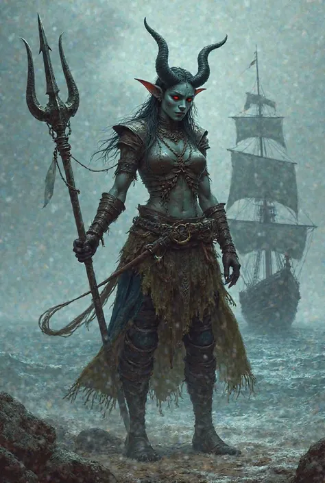 A female tiefling and wrestler class privateer with a two-handed trident and boomerang on her belt. In the background a ghost ship .