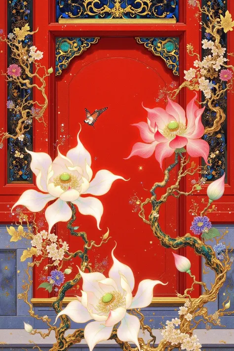 There's a red door，There are windows and a tree, This is an ultra-detailed painting inspired by Yun Shouhei, trending on pixabay, Cloisonnism,  Chinese Style,  Oriental Wallpaper , with ancient Chinese aesthetics, Qing Dynasty,  traditional Chinese , Chine...