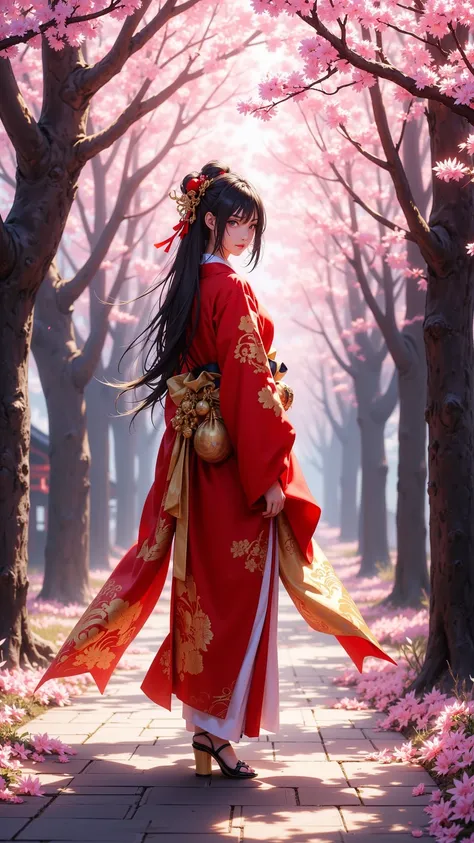 Complex lines with expressive contrast，Soft lighting with dynamic highlights，Digital artwork in CKNC style，an image of a Japanese woman，Silk red and gold kimono，Long hair ，Bangs，Cherry blossoms，Cherry blossoms ，walk，along a tree-lined path，Turn head to hea...