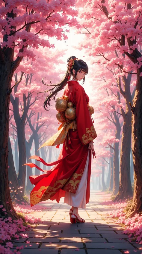 Complex lines with expressive contrast，Soft lighting with dynamic highlights，Digital artwork in CKNC style，an image of a Japanese woman，Silk red and gold kimono，Long hair ，Bangs，Cherry blossoms，Cherry blossoms ，walk，along a tree-lined path，Turn head to hea...