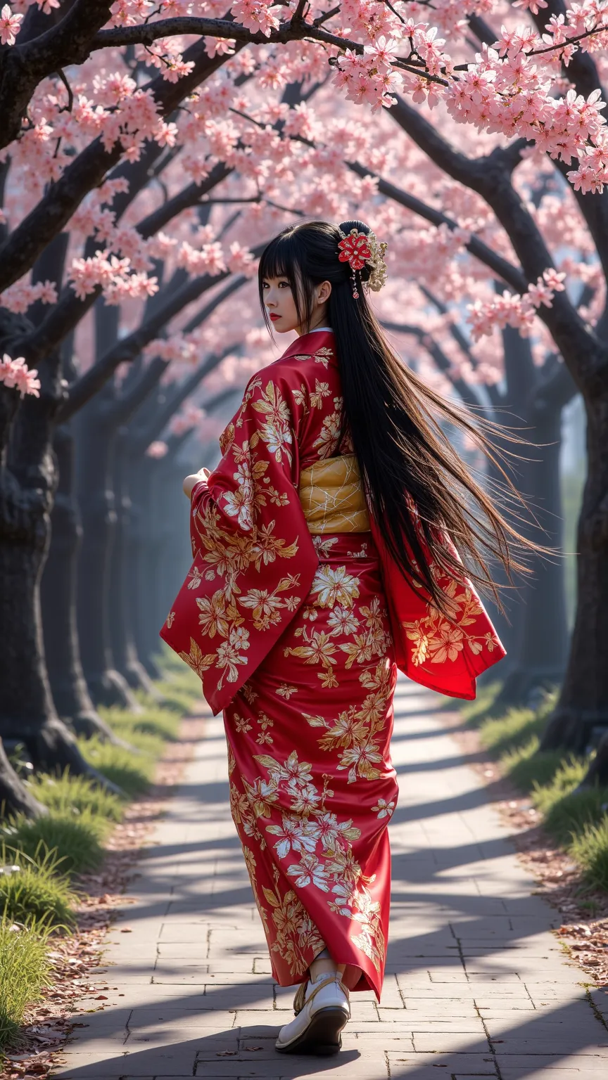 Complex lines with expressive power contrast，Soft lighting with dynamic highlights，Digital artwork in CKNC style，an image of a Japanese woman，Silk red and gold kimono，Long hair ，Bangs，Cherry blossoms，Cherry blossoms ，walk，along a tree-lined path，Turn head ...