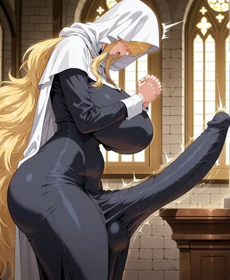 masterpiece, best quality, amazing quality, anime screencap, 1lady, milf, mature woman, solo, big full bimbo lips, blonde hair, from side, indoors, grey brick wall, window, church, NSFW, nun, white rob, white hood, white cape, hood over eyes, grows a bulge...