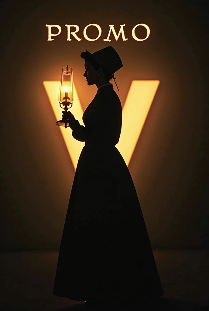 Silhouette of Florence Nightingale illuminated by a lamp and with the word promo v coming out of it 