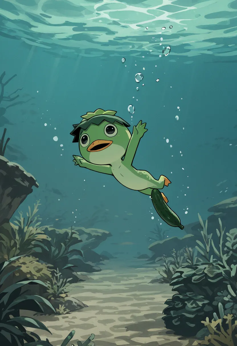 Kappa jumping underwater, I'm holding a cucumber