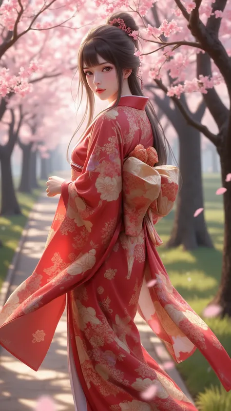 Complex lines with expressive contrast，Soft lighting with dynamic highlights，Digital artwork in CKNC style，an image of a Japanese woman，Silk red and gold kimono，Long hair ，Bangs，Cherry blossoms，Cherry blossoms ，walk，along a tree-lined path，Turn head to hea...