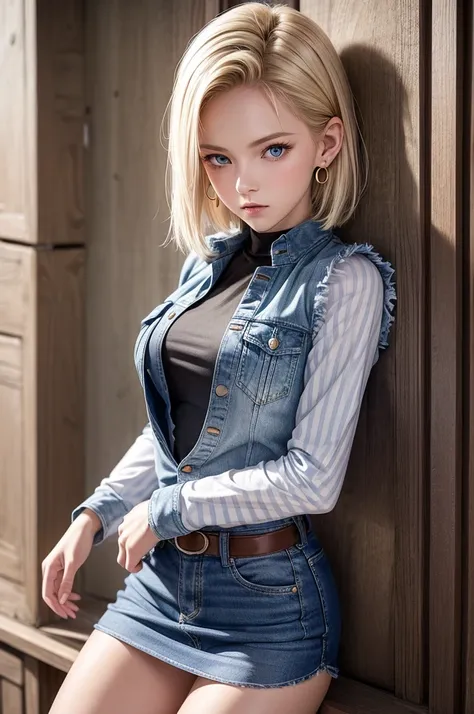 TOP QUALITY, high resolution, AND18,  one girl,  Android 18, Alone,  blonde hair,  blue eyes, short hair, earrings,   jewelry, Denim dress, open vest,, black shirt,  jeans skirt , Striped Long Sleeve ,  Blue Mini Skirt, tiny boobs, cowboy shot, street, ( E...