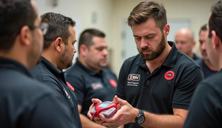 Emergency Health Technician, with short dark brown hair and beard, with a black polo with the text "SaniTES" in the chest, explaining cardiopulmonary resuscitation with the use of a defibrillator to a group of men and women.